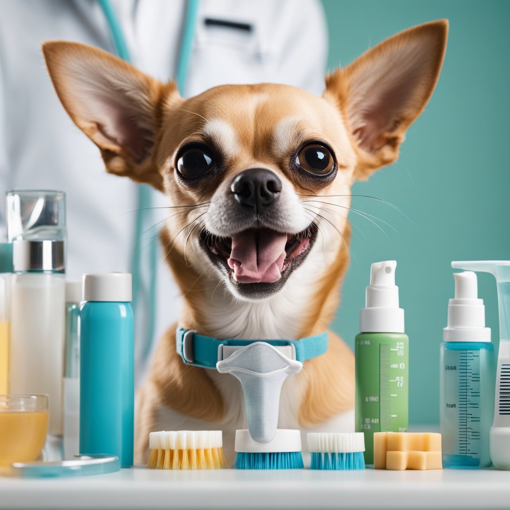 A chihuahua getting its teeth brushed by a vet, surrounded by dental care products and a chart showing the lifespan of a chihuahua