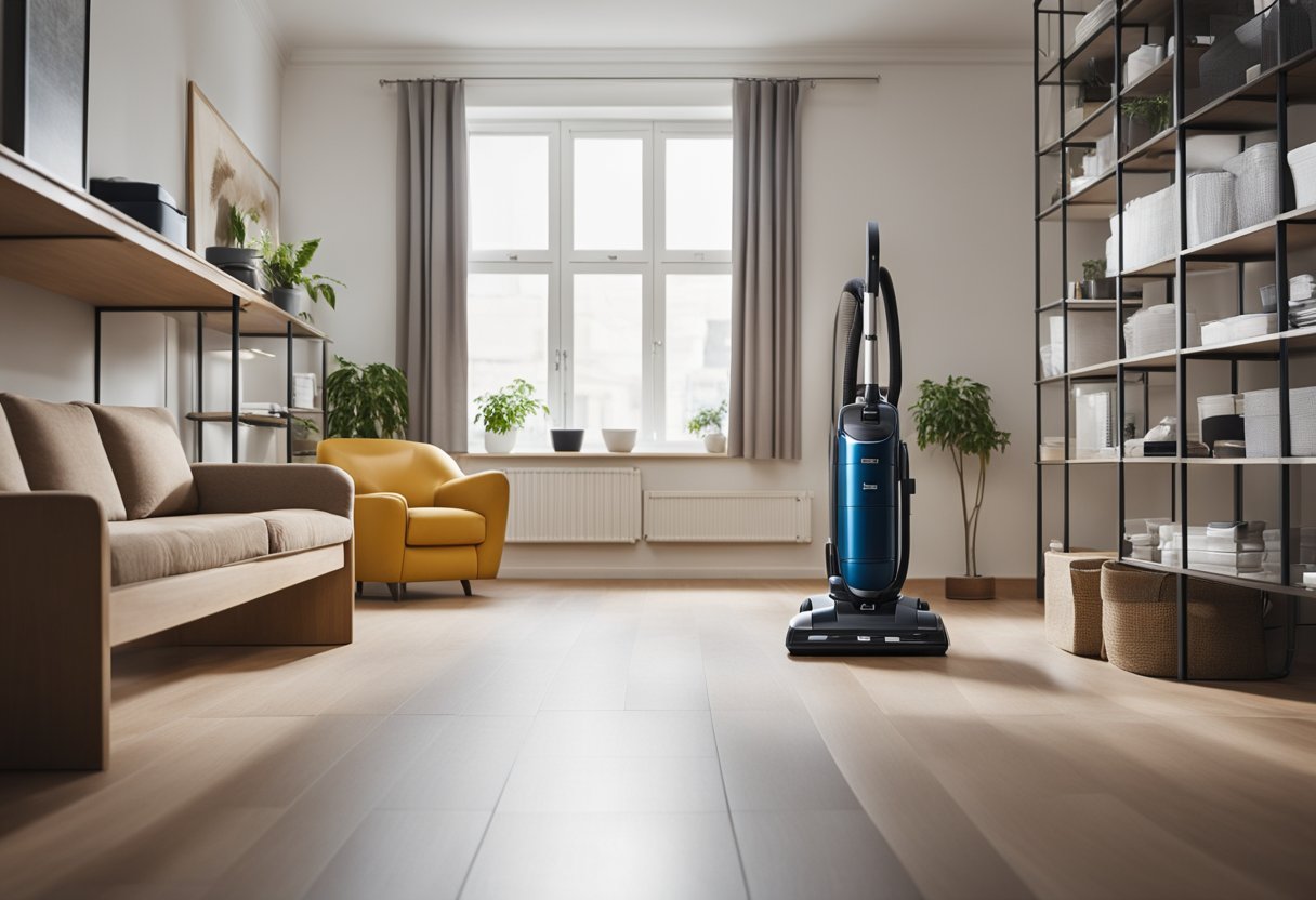 A clean, clutter-free room with sealed surfaces and minimal fabric. A vacuum with a HEPA filter and regular dusting to reduce allergens