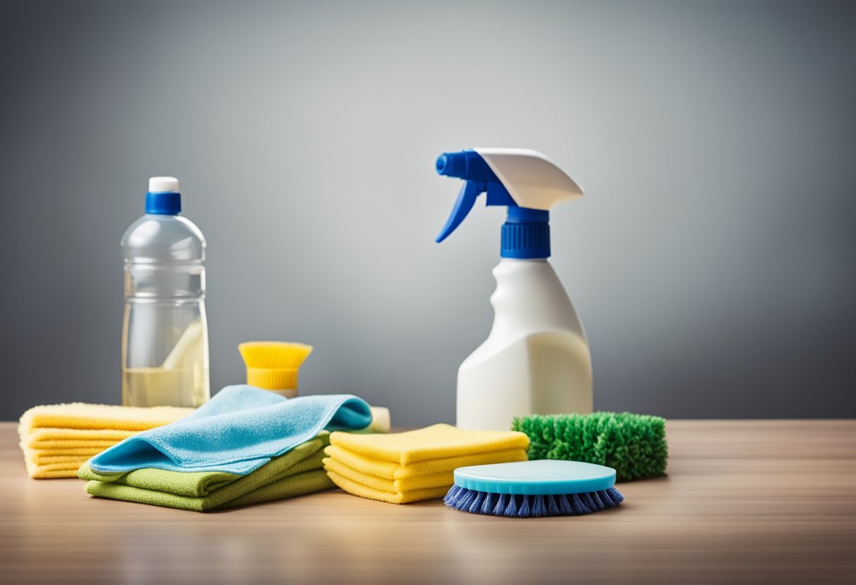 A table with various cleaning materials and objects, including a vacuum, dusting cloth, and allergy-friendly cleaners. No humans or body parts visible