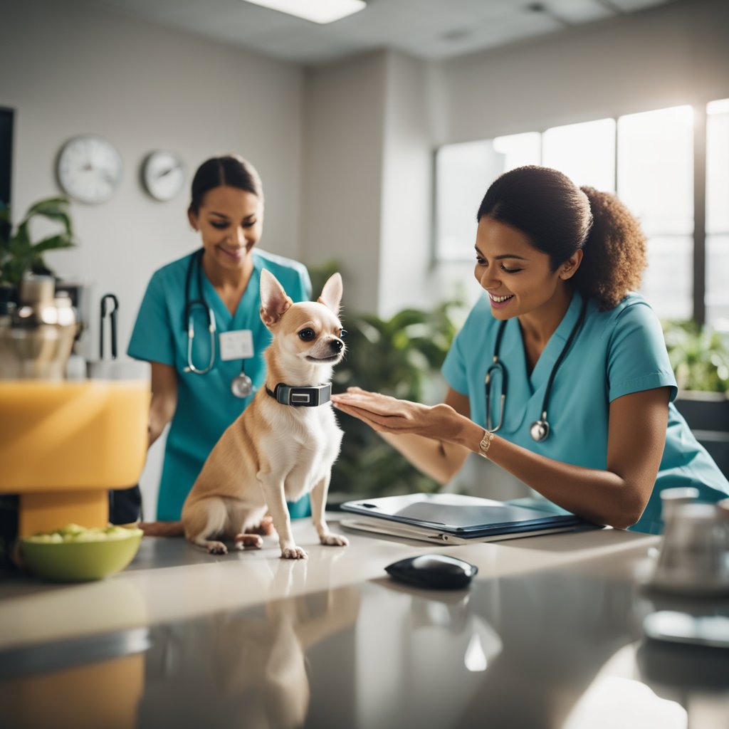 A chihuahua with a veterinarian receiving regular check-ups and medication for managing health problems, surrounded by caring owners and a comfortable living environment