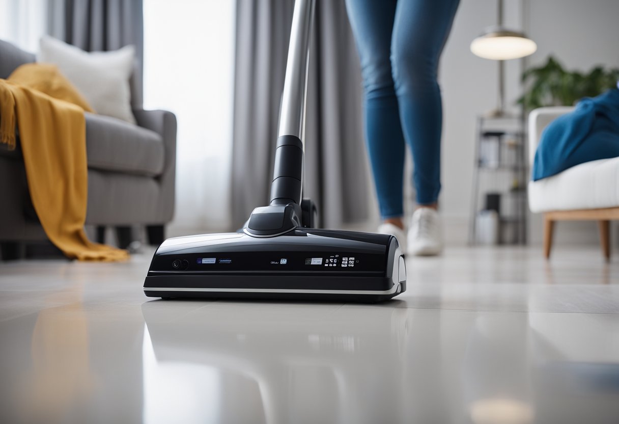A clean, clutter-free room with sealed surfaces and minimal fabric. A vacuum and air purifier are in use, and non-toxic cleaning products are visible