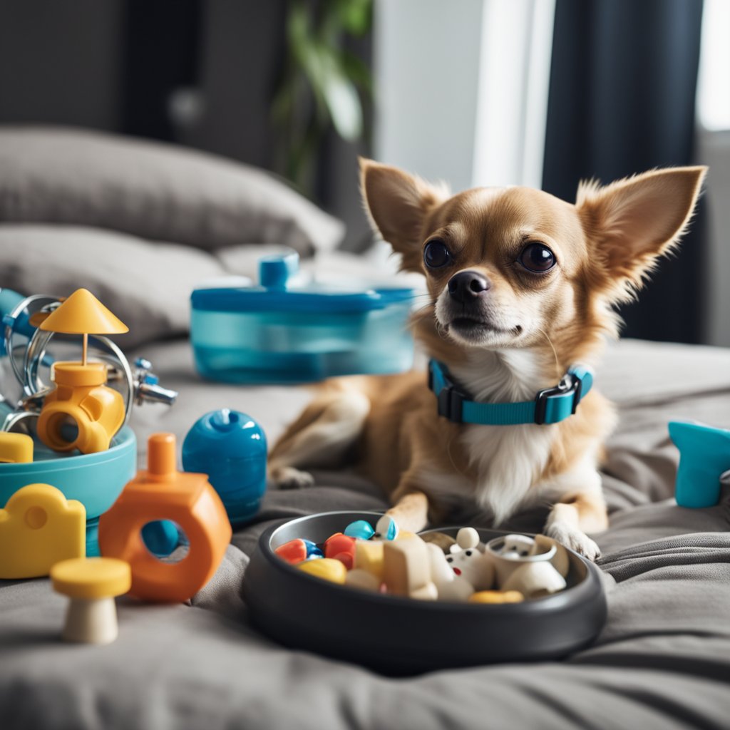 An elderly chihuahua lounges on a cushioned bed, surrounded by toys and a bowl of water, while a vet checks its vital signs
