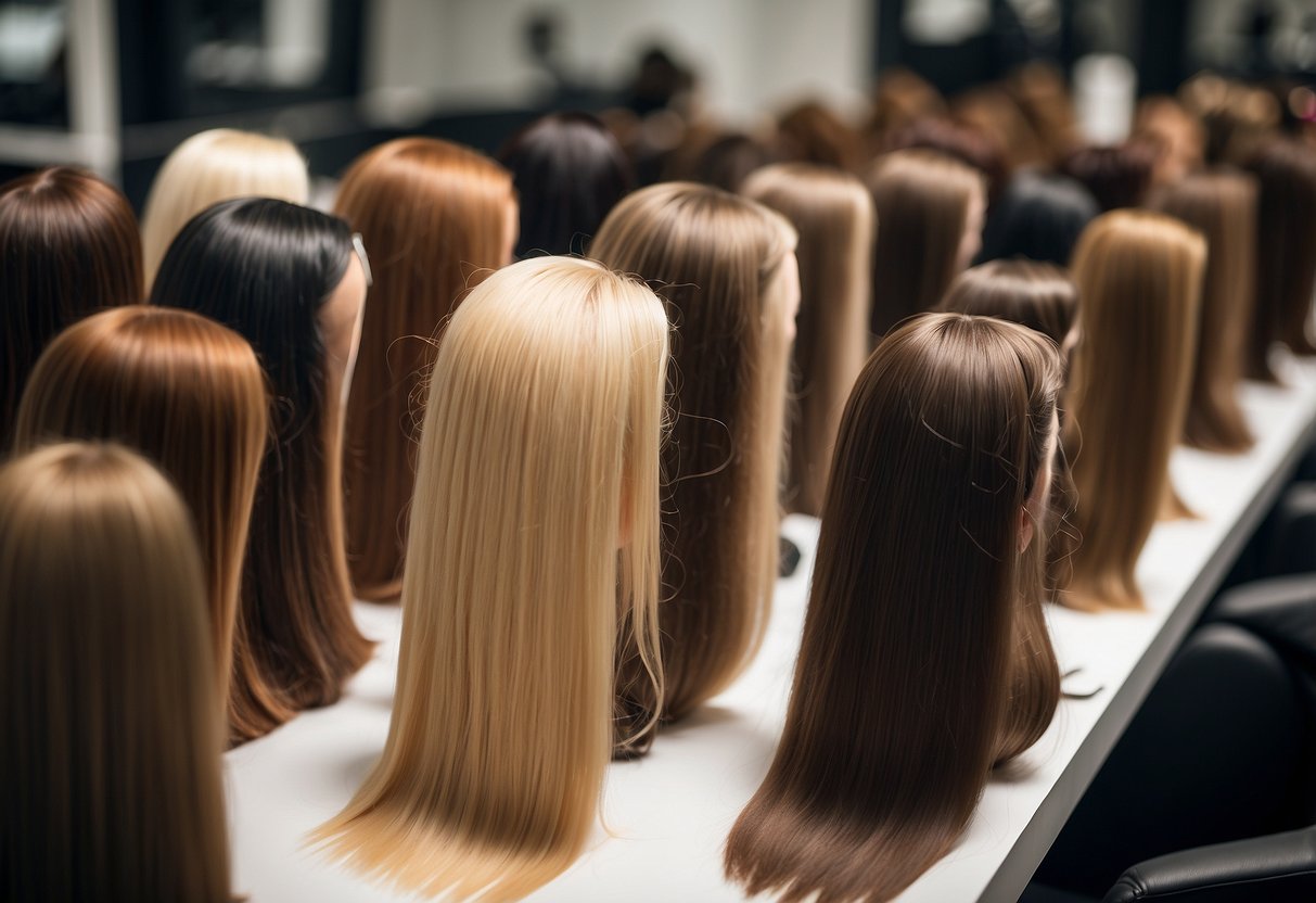 A variety of hair extension types displayed with debunked myths in a salon setting