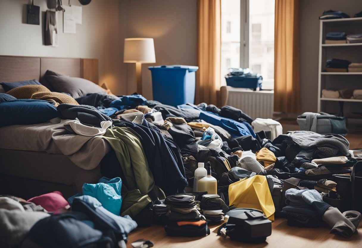 A cluttered room with scattered clothes and belongings. A vacuum and cleaning supplies are ready to use. Bed is unmade