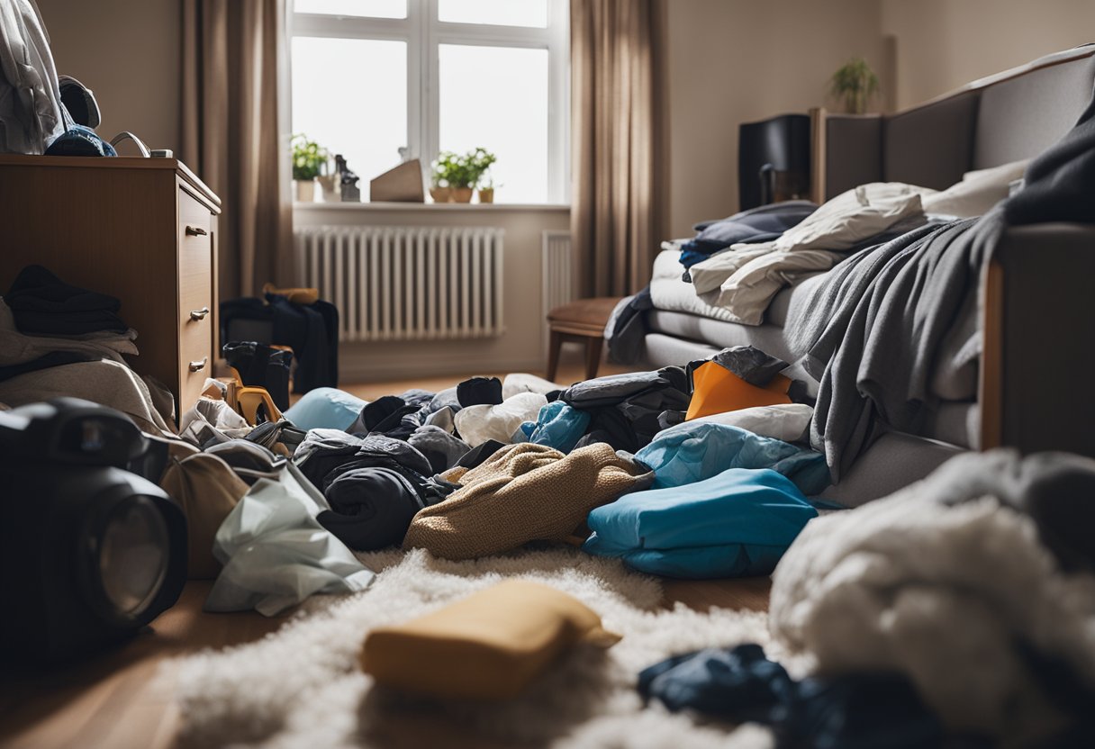 A cluttered bedroom with scattered clothes and belongings. A vacuum and cleaning supplies are visible, indicating a quick cleaning process