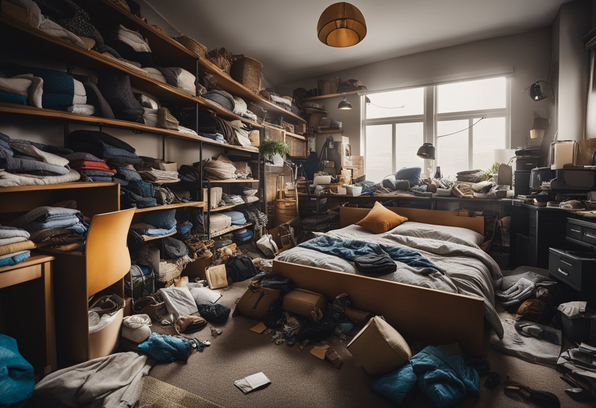 A cluttered room with scattered items, a messy bed, and unorganized shelves. Dust and dirt can be seen in the corners, and clothes are strewn about