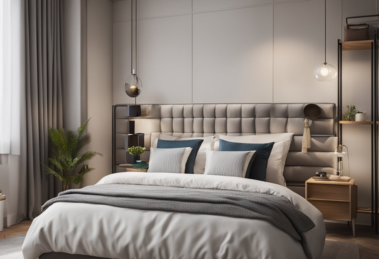 A tidy bedroom with neatly made bed, organized shelves, and clean surfaces. Decorative elements add a personal touch to the space