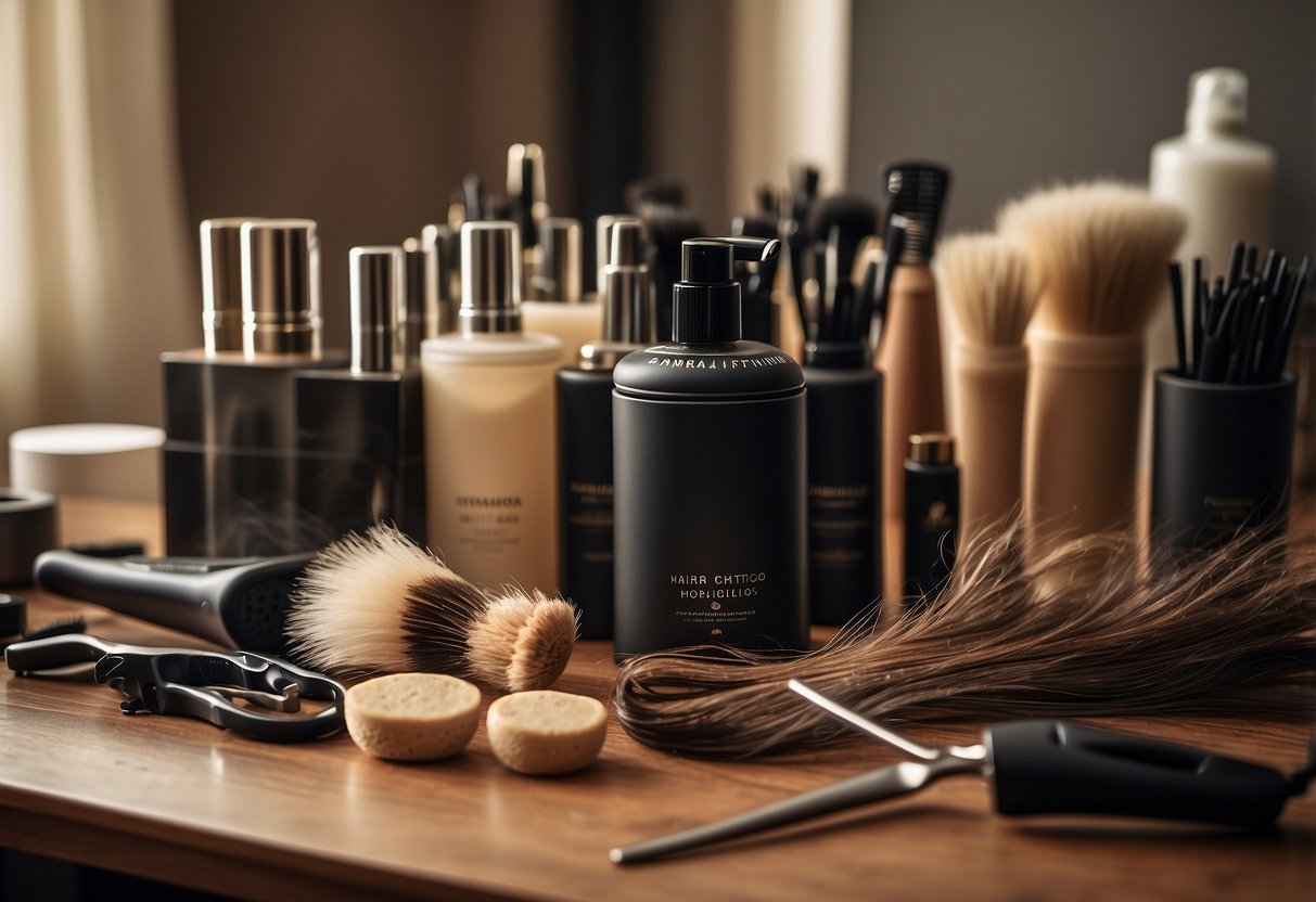 A collection of hair extension myths shattered, surrounded by hair styling tools and products. A before-and-after image showcases the transformation potential