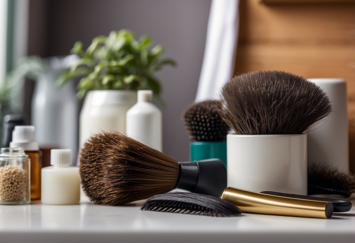 A cluttered bathroom counter with hair extensions tangled in a brush, next to a pile of hair products and a neglected plant in the background