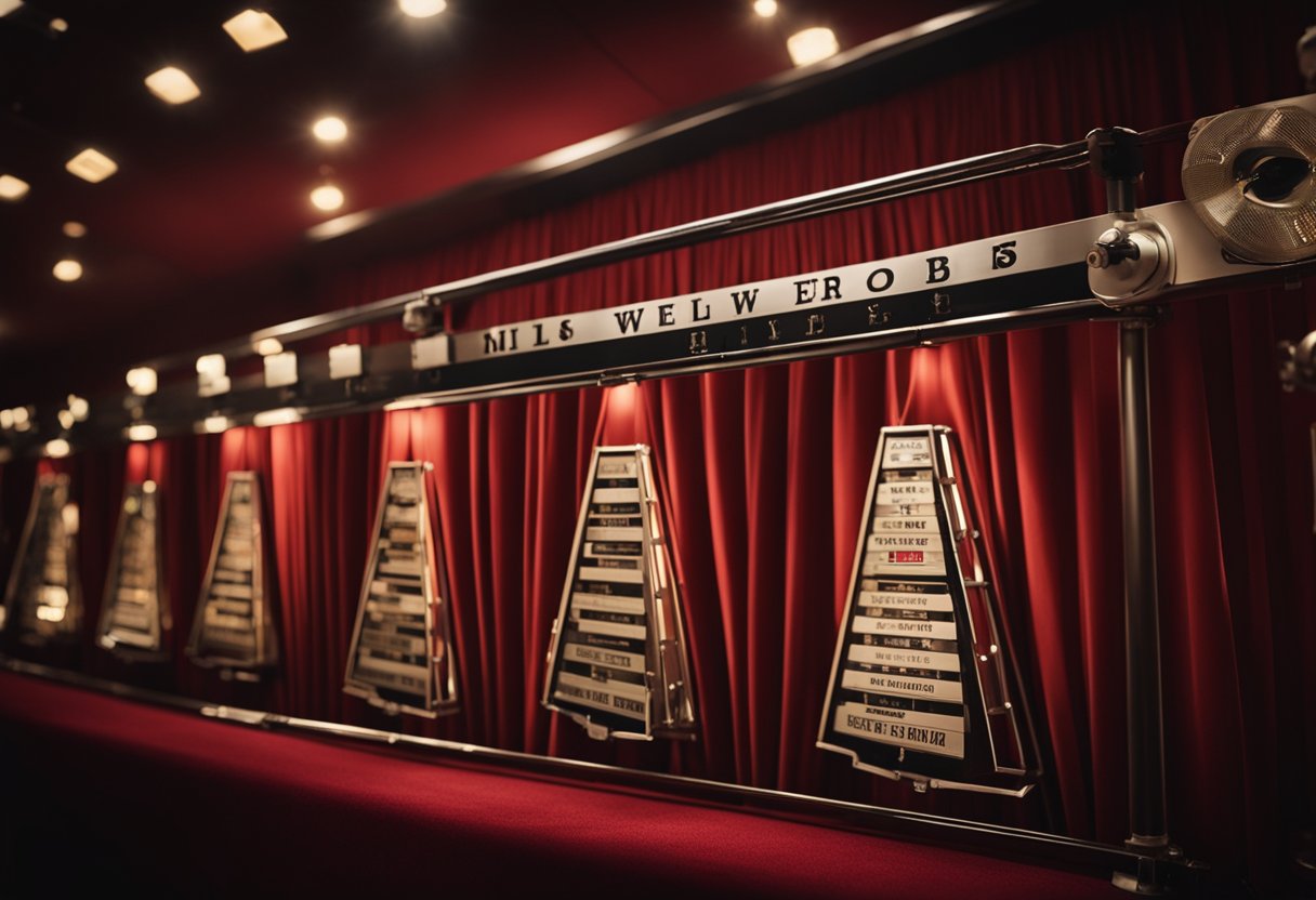 A spotlight shines on a row of film reels, each labeled with the title of an Oscar-nominated movie. Red velvet curtains frame the scene