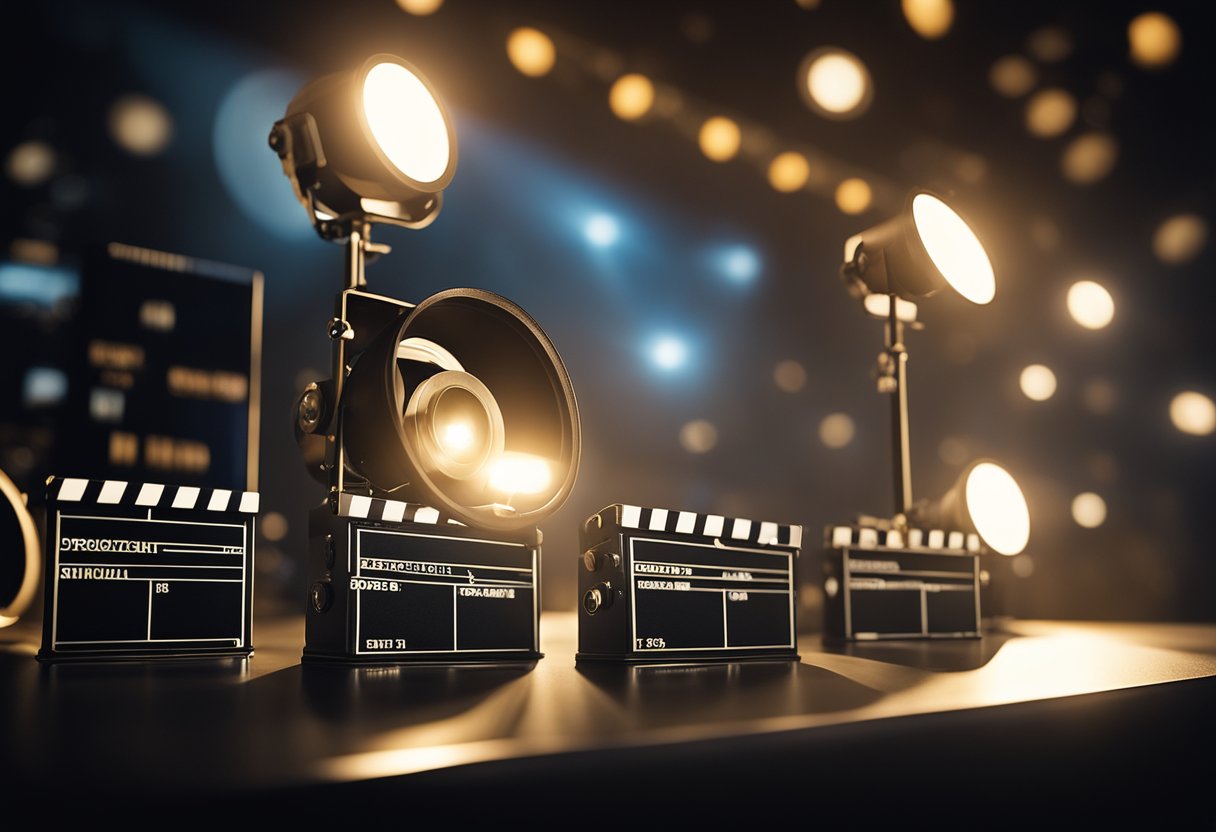 A spotlight shines on a podium surrounded by film reels and cameras. Oscar-nominated movie titles are displayed on a large screen in the background