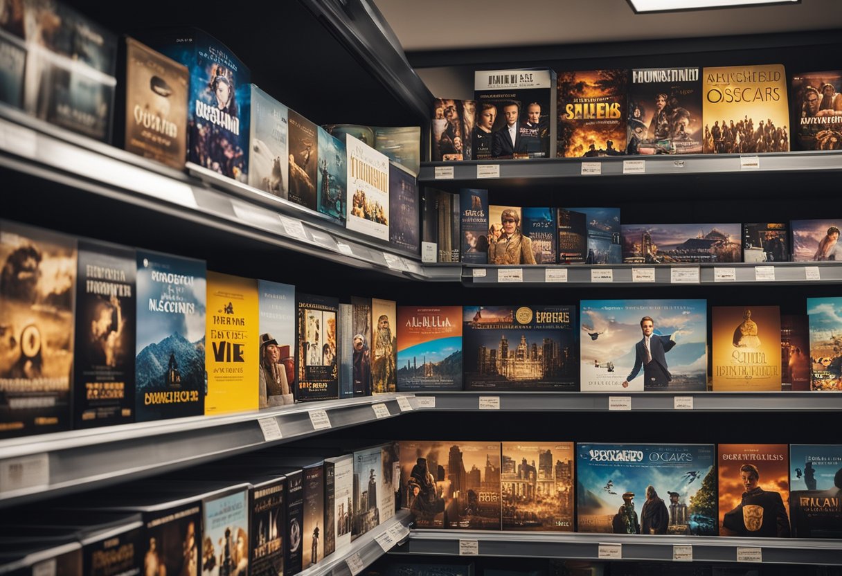 A shelf displaying animated and documentary films nominated for this year's Oscars. Brightly colored movie posters and titles are visible