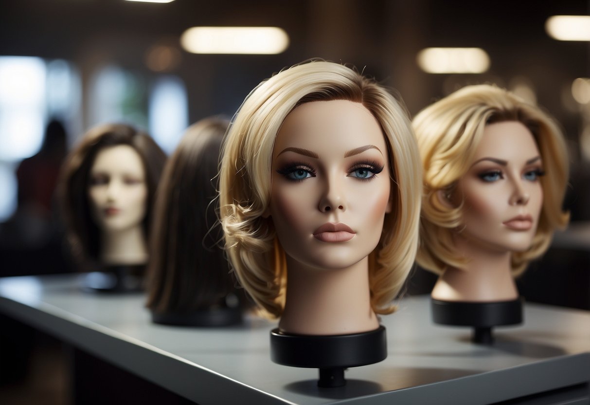 A lace front wig is carefully placed on a mannequin head, securing the front lace with adhesive. The wig is styled and adjusted for a natural look