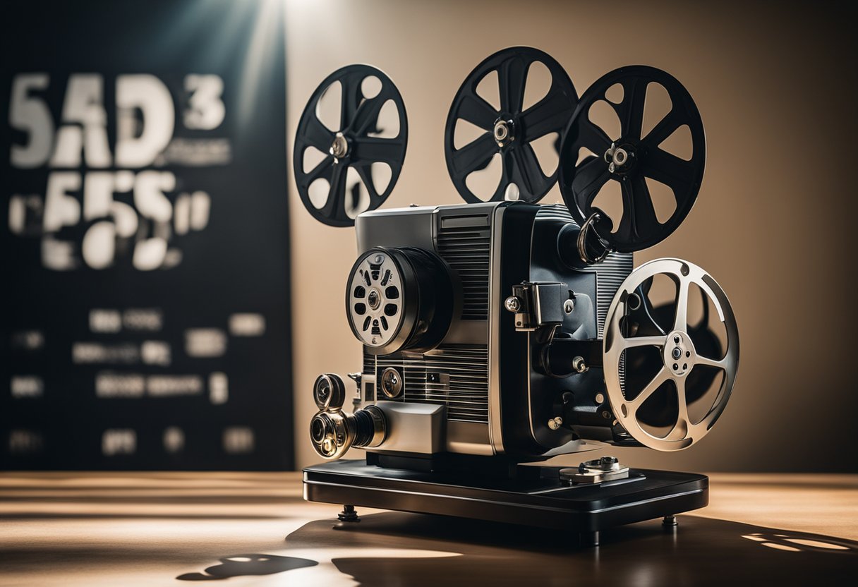 A vintage film projector casting shadows on a blank wall, with film reels and old movie posters scattered around