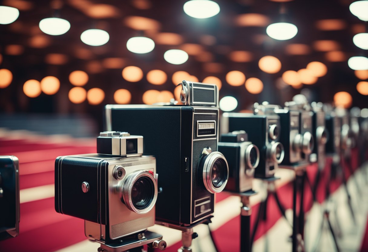 A glamorous red carpet event with vintage movie cameras, dazzling lights, and iconic movie posters lining the walls