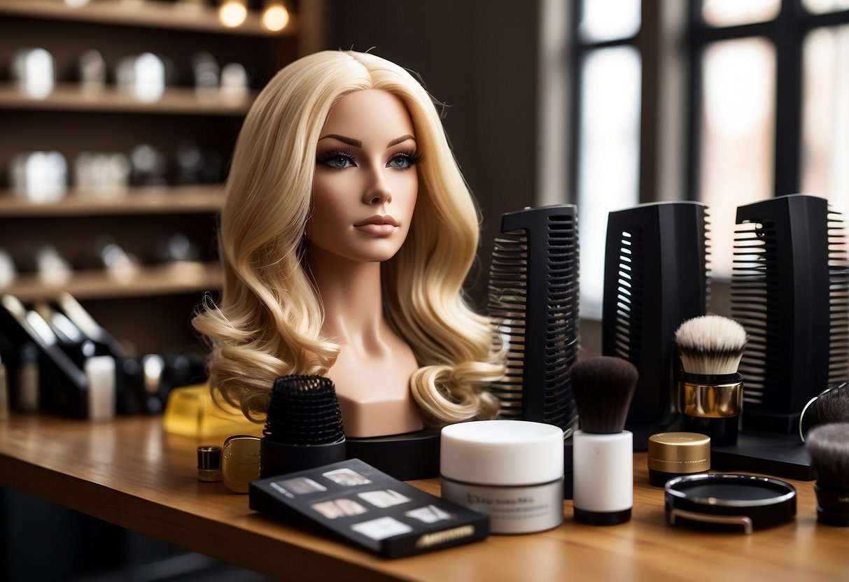 A lace front wig displayed on a stand, surrounded by various styling tools and accessories. An open guidebook with the title "Styling and Customization A Beginner's Guide to Lace Front Wigs" is placed nearby