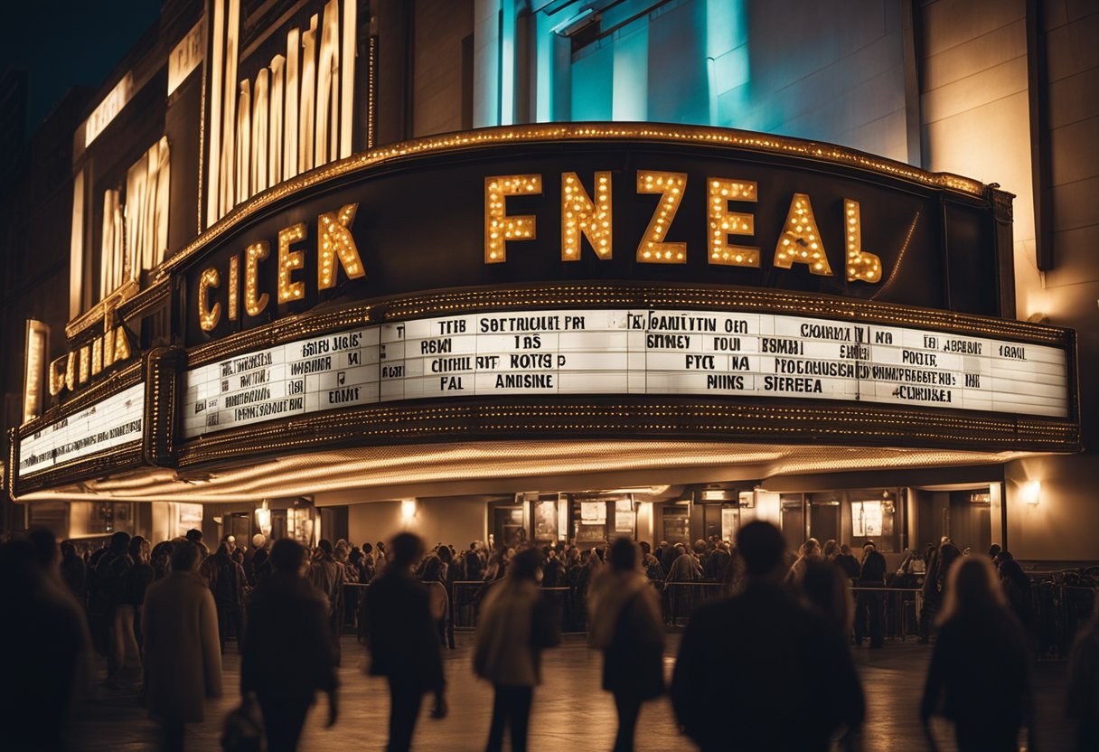 A movie theater marquee displays iconic film titles, with spotlights shining on them. The crowd eagerly lines up outside, waiting to experience the evolution of cinema