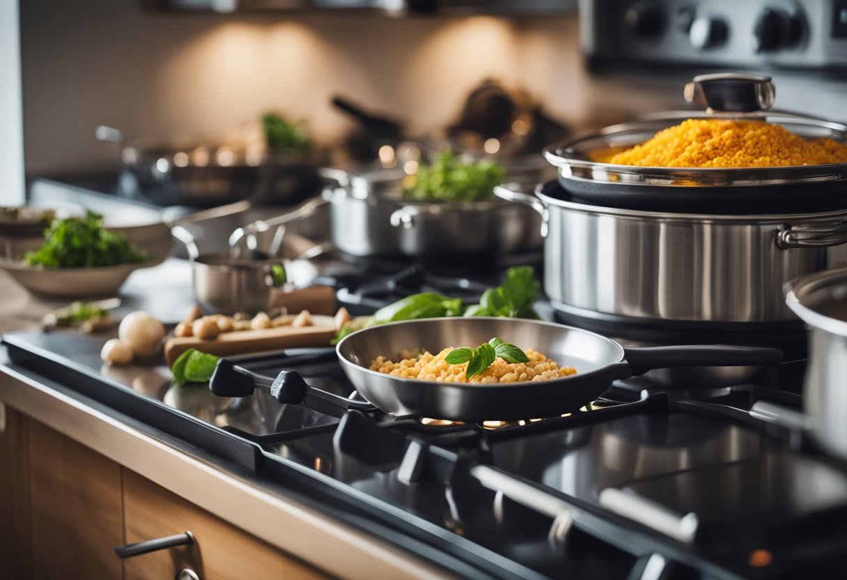 A busy kitchen with ingredients and utensils laid out for quick meal preparation. A timer ticking in the background as pots and pans sizzle on the stove