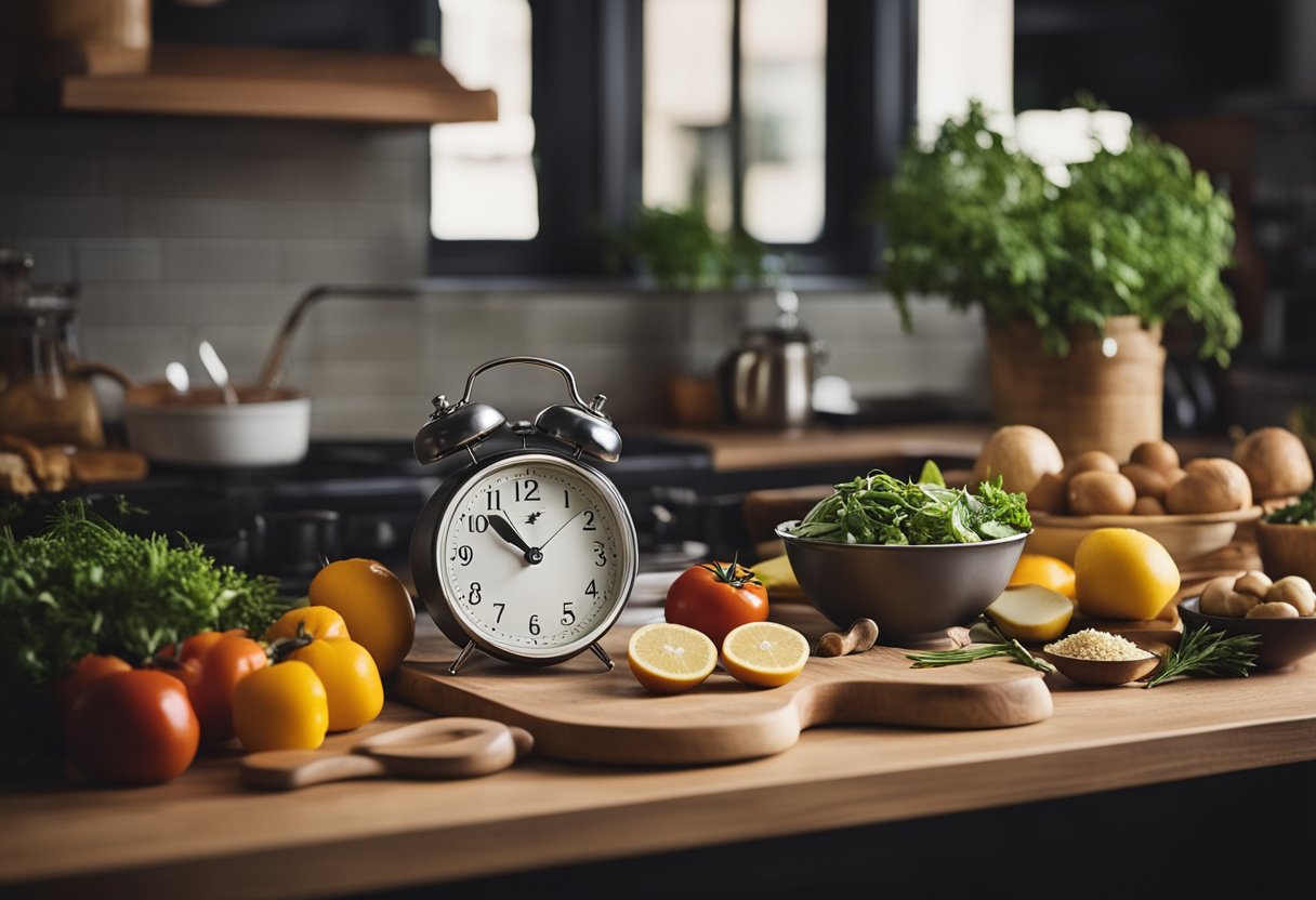 A kitchen counter with various ingredients and cooking utensils, a cookbook open to a quick dinner recipe, and a clock showing it's evening