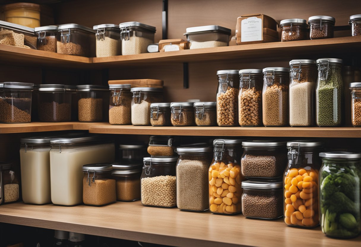 A well-organized pantry with labeled containers of grains, canned goods, and fresh produce. A meal prep station with cutting boards, knives, and a variety of ingredients ready for quick and easy cooking