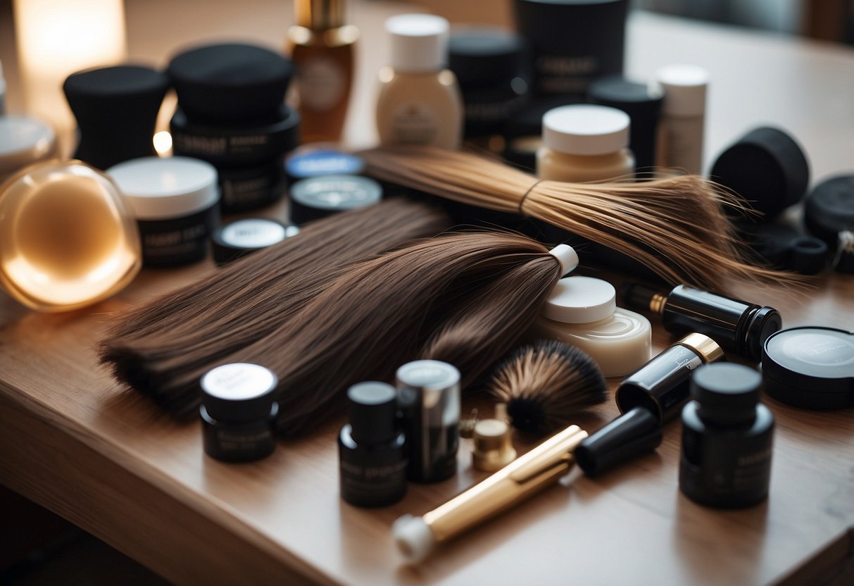 A pile of hair extensions sits on a table, surrounded by various hair care products. A debunked myth list hovers above, with a spotlight on "5 common myths about hair extensions debunked."