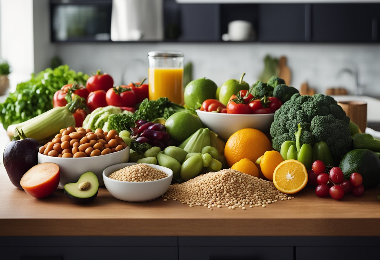 A colorful array of fresh fruits, vegetables, grains, and legumes spread out on a kitchen counter, ready to be transformed into quick and delicious vegan meals