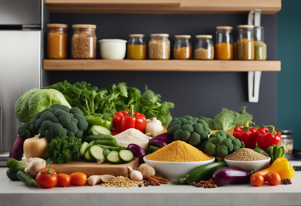 A kitchen counter with various colorful vegetables, grains, and spices laid out for preparing quick and tasty vegan meals