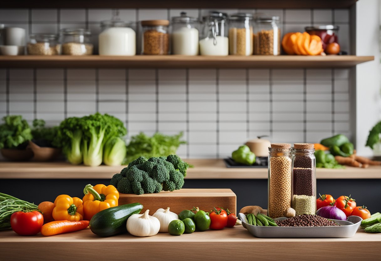 A colorful kitchen counter with fresh vegetables, grains, and spices, along with a cookbook titled "Basic and Versatile Recipes: How to Prepare Quick and Tasty Vegan Meals."