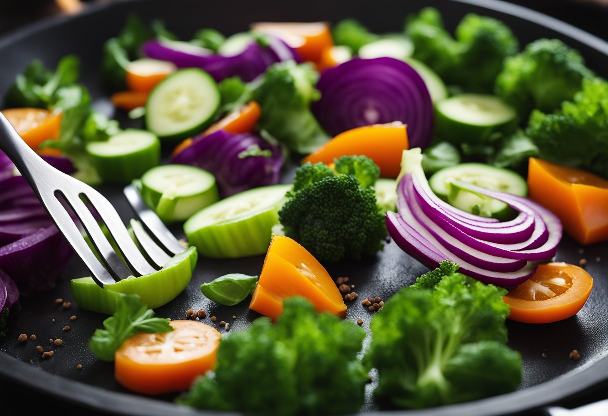 Vibrant vegetables being chopped, sizzling on a hot pan, and seasoned with aromatic spices for a quick and delicious vegan meal