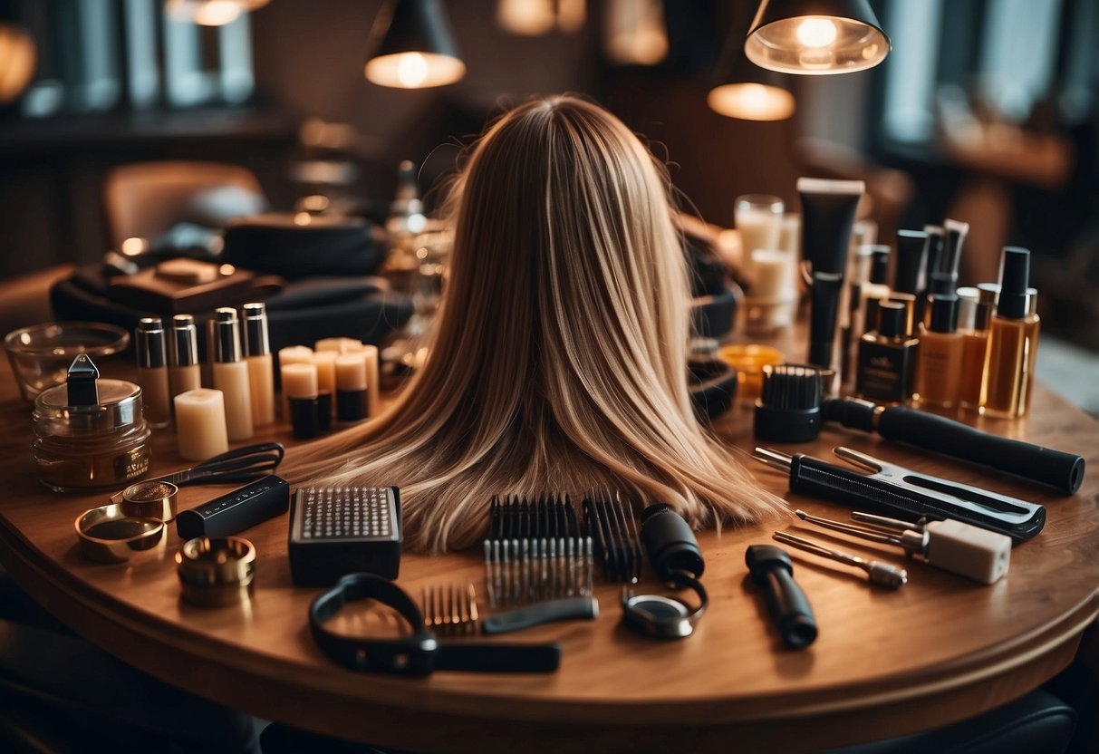 A table with various hair extension products and tools, surrounded by images debunking common myths about hair extensions