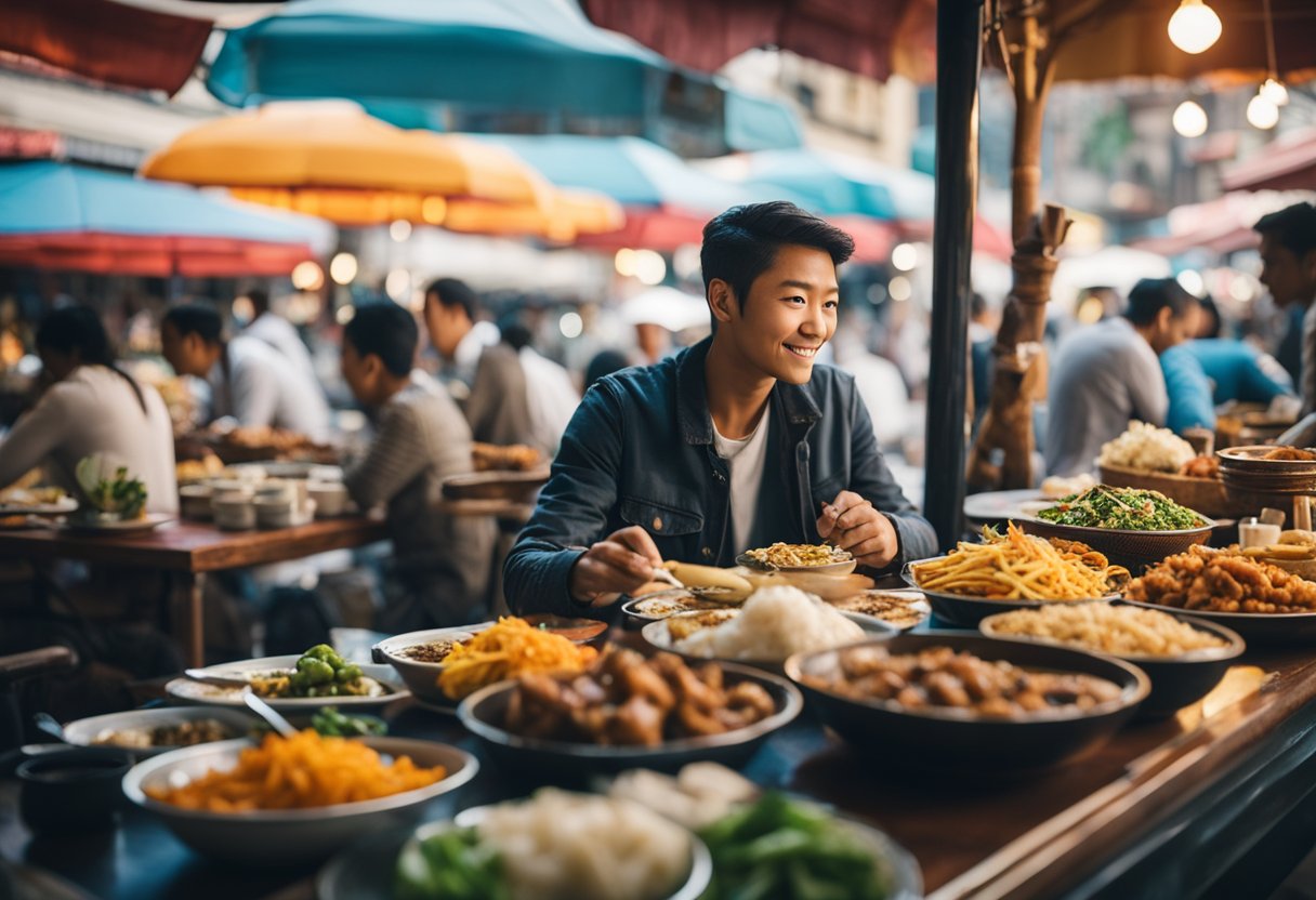 A traveler sitting at a table with a variety of delicious and affordable local dishes from different cultures, surrounded by colorful and bustling street markets