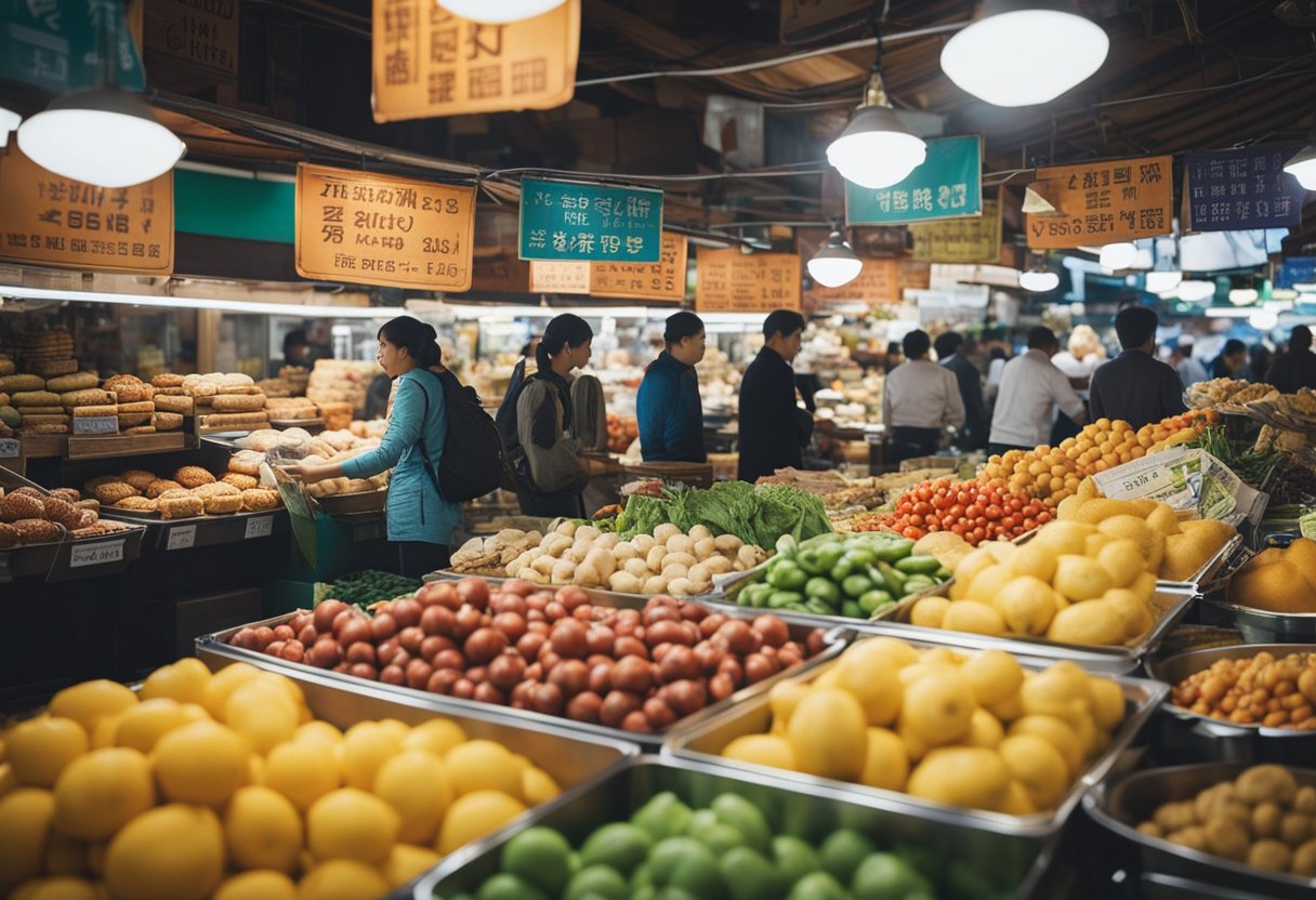 A traveler happily selects discounted food items at a bustling market, surrounded by colorful stalls and signs advertising special offers