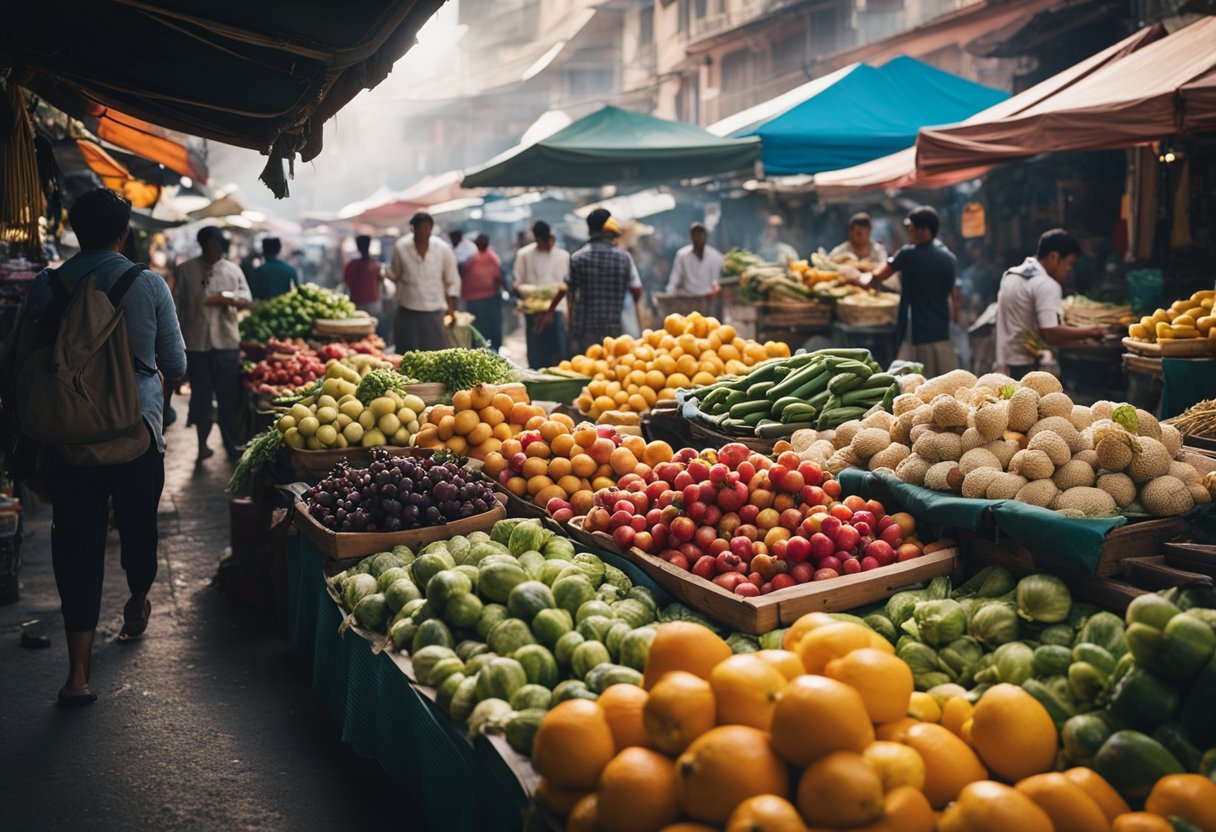 A bustling local market with colorful fruits, vegetables, and street food stalls. Tourists sample affordable, authentic dishes while locals bargain for fresh produce