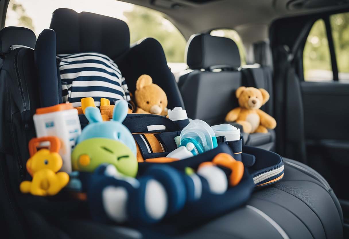 A car seat securely strapped in the backseat of a car, with a baby's diaper bag and toys neatly organized nearby