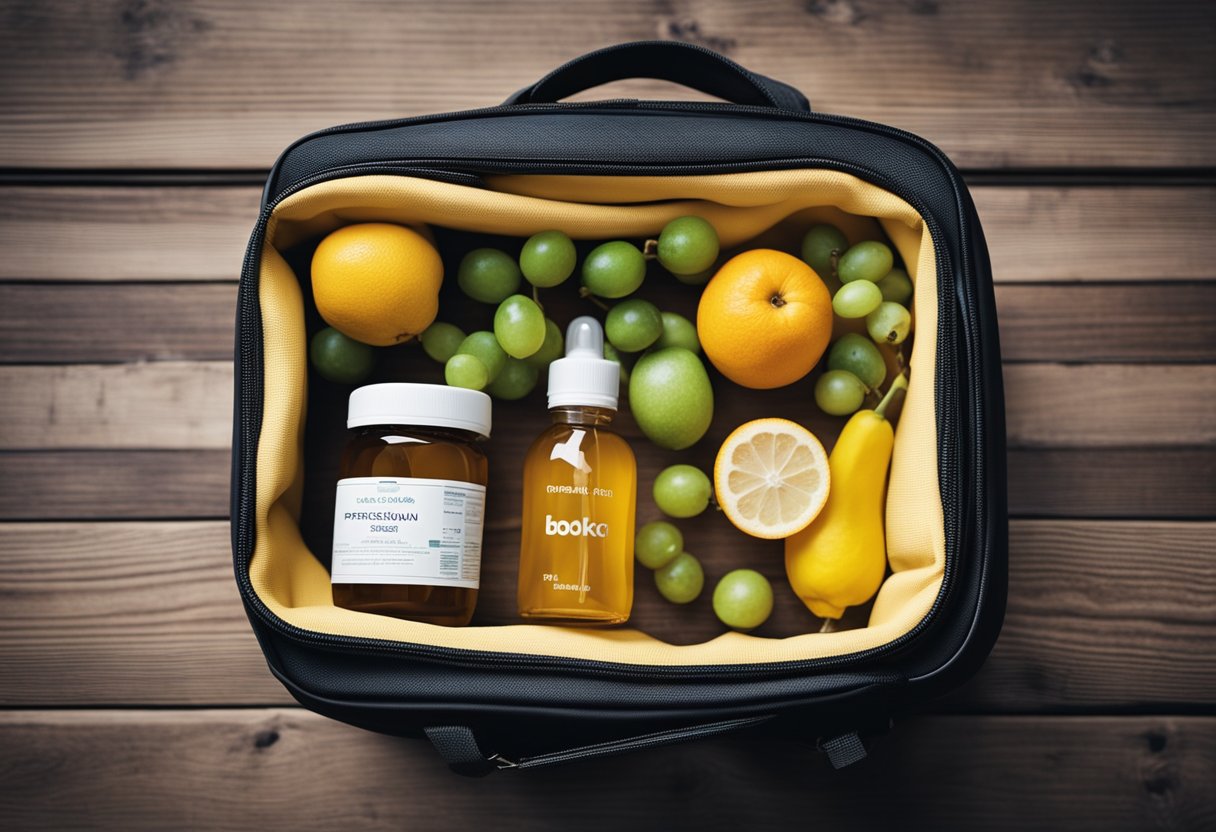 A baby's bottle, healthy fruits, and a first aid kit on a travel bag