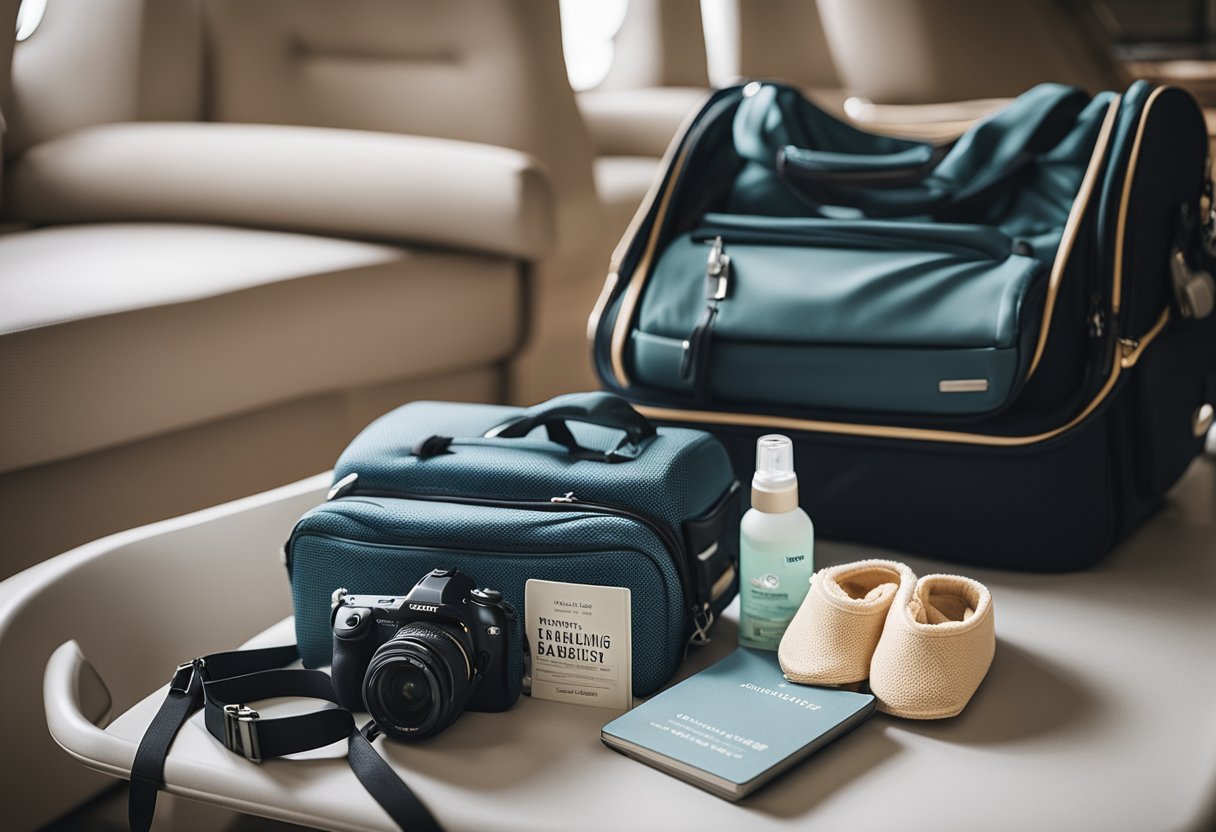 A suitcase, stroller, car seat, and diaper bag arranged neatly with a "Safety Tips for Traveling with Babies" guidebook on a table