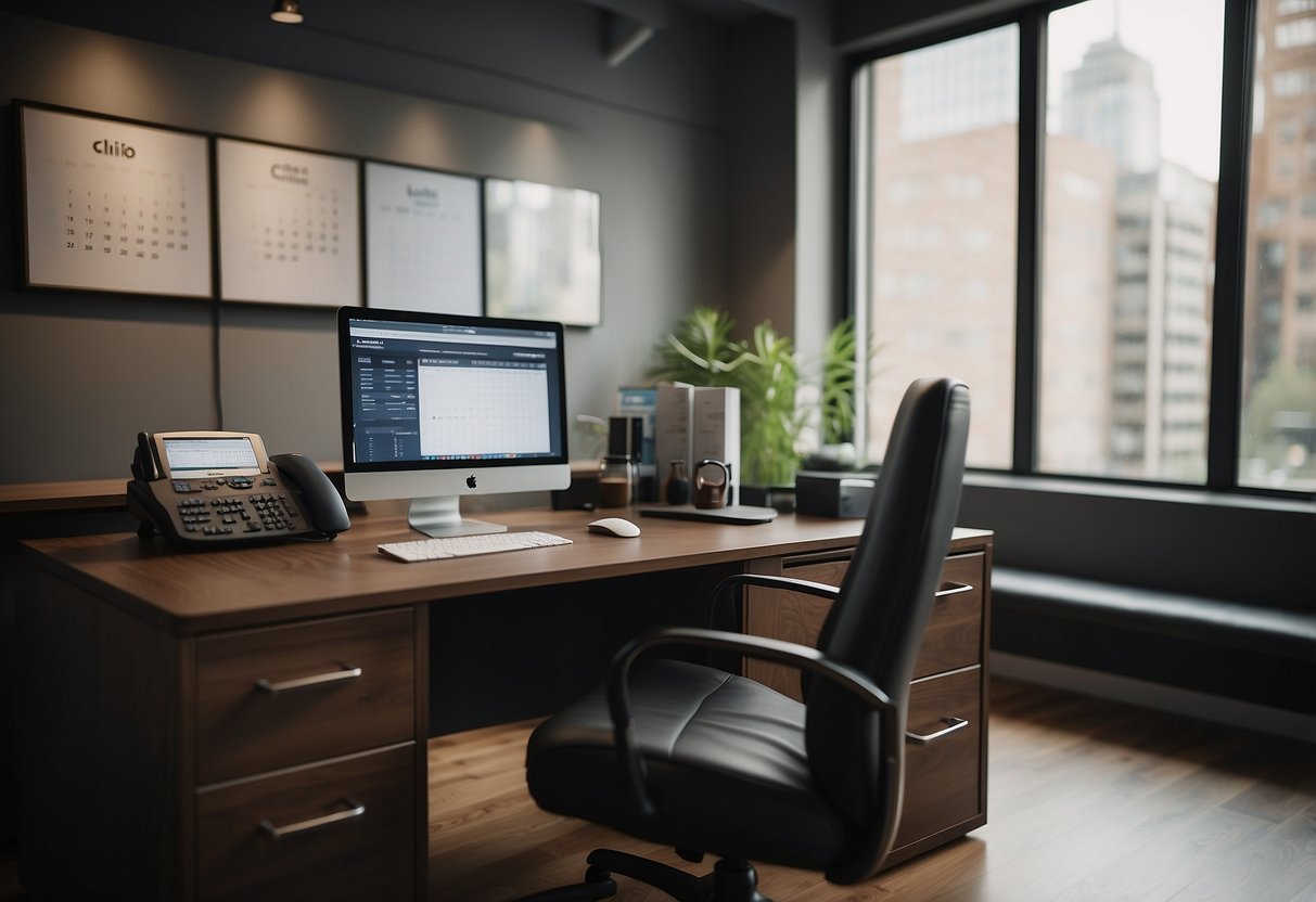 An office desk with a computer displaying Callin.io website, a phone, and a calendar. A clock on the wall shows the time for an appointment