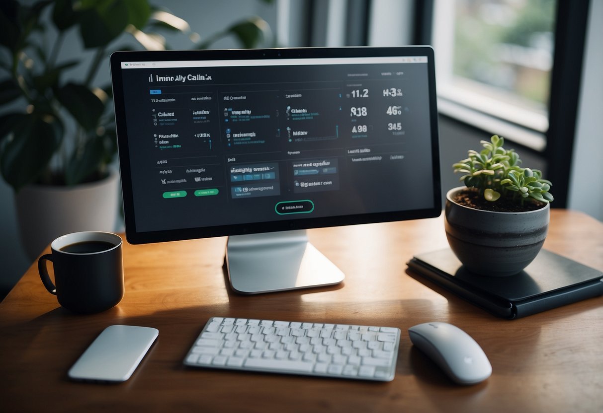 An office desk with a computer screen displaying AI appointment scheduling platforms: x.ai, Clara Labs, Calendly, and Google Assistant. A phone with Callin.io app