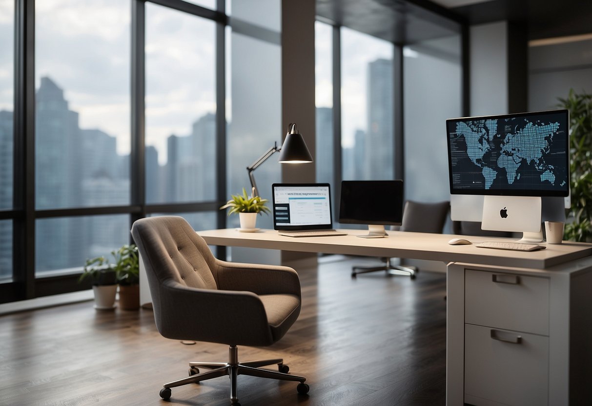 A sleek, modern office desk with a computer screen displaying the Callin.io website. A virtual assistant AI voice is shown setting appointments, highlighting efficiency