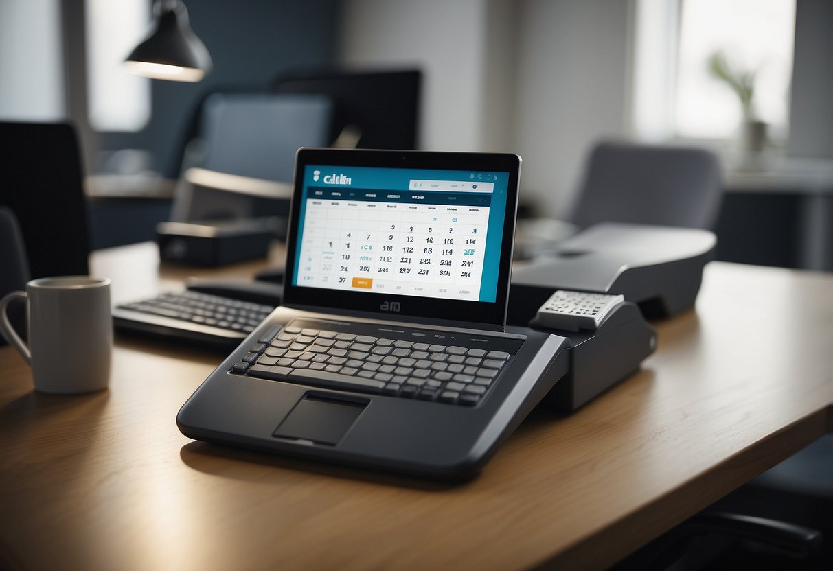 An office desk with a computer screen displaying the Callin.io platform, a phone, and a calendar. The AI voice appointment setter is shown streamlining and optimizing the scheduling process