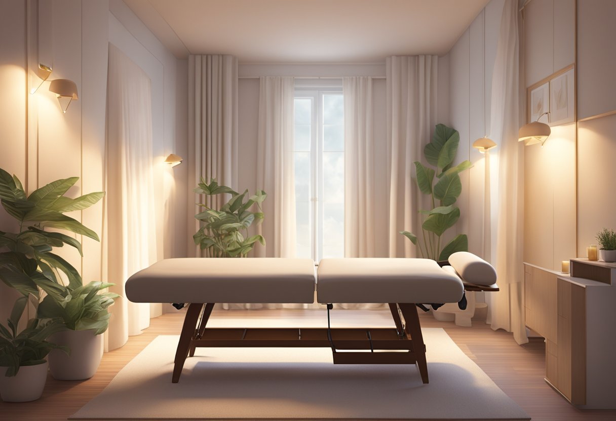 A serene room with a massage table, soft lighting, and calming decor. A skilled practitioner performs Shiatsu massage techniques on a client, promoting relaxation and stress relief