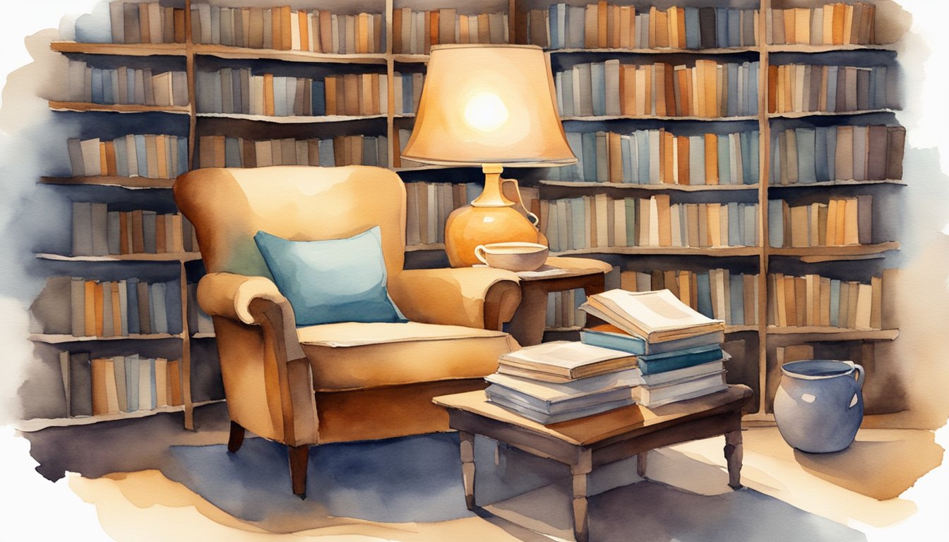 A cozy chair surrounded by stacks of books, with a warm lamp illuminating the pages. A cup of tea sits on a nearby table, inviting readers to immerse themselves in the multifaceted benefits of reading and learning why books are important.