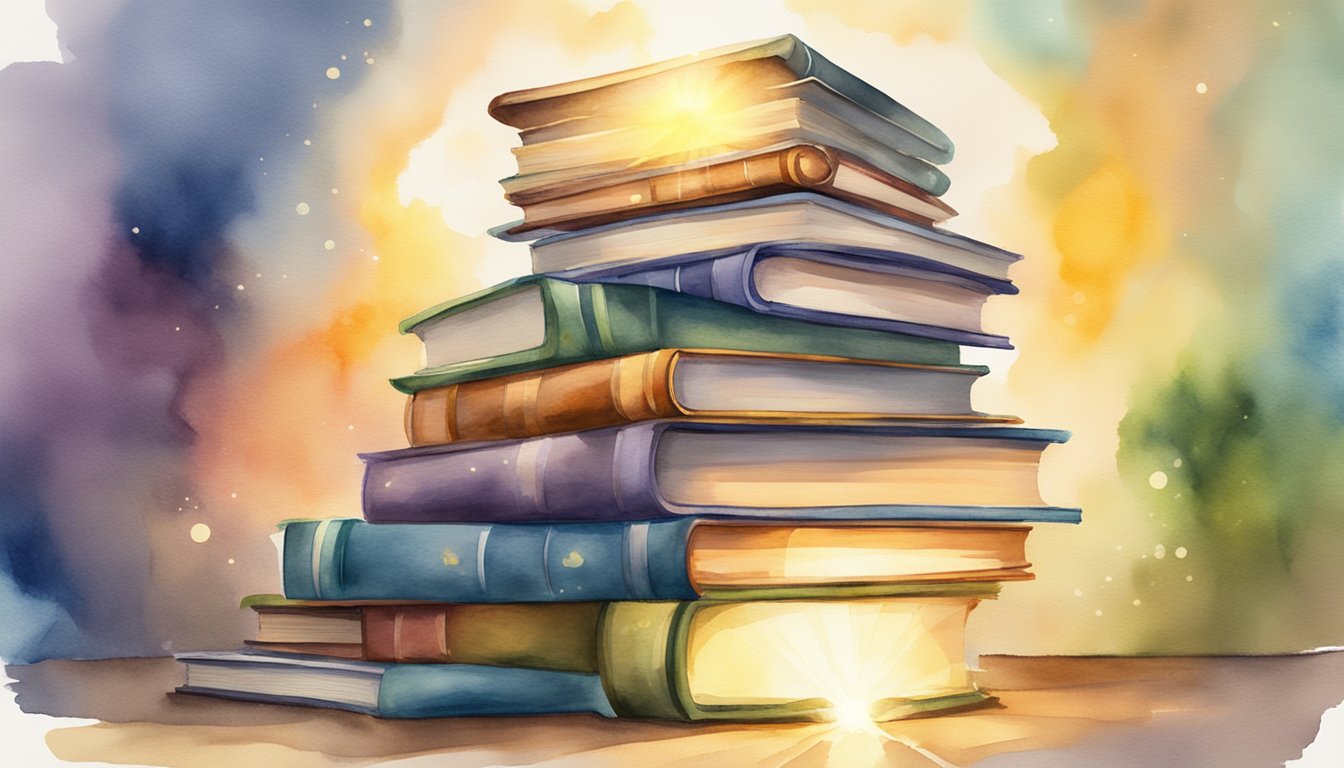 A stack of books surrounded by a glowing light, with a beam of knowledge radiating from them, symbolizing the impact and why books are important for education and knowledge acquisition