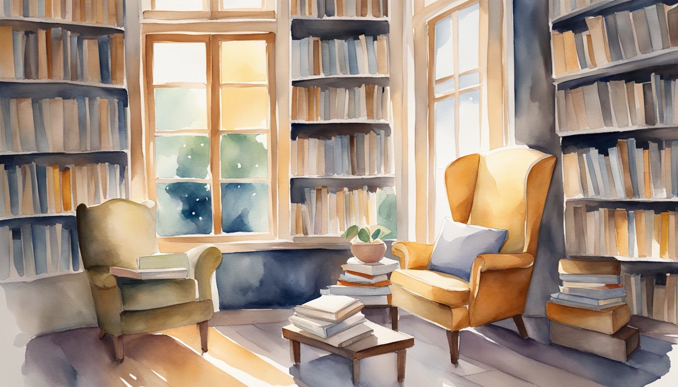 A cozy chair, surrounded by books. The sunlight streams in through a window, illuminating the pages as they read and learn why books are important.