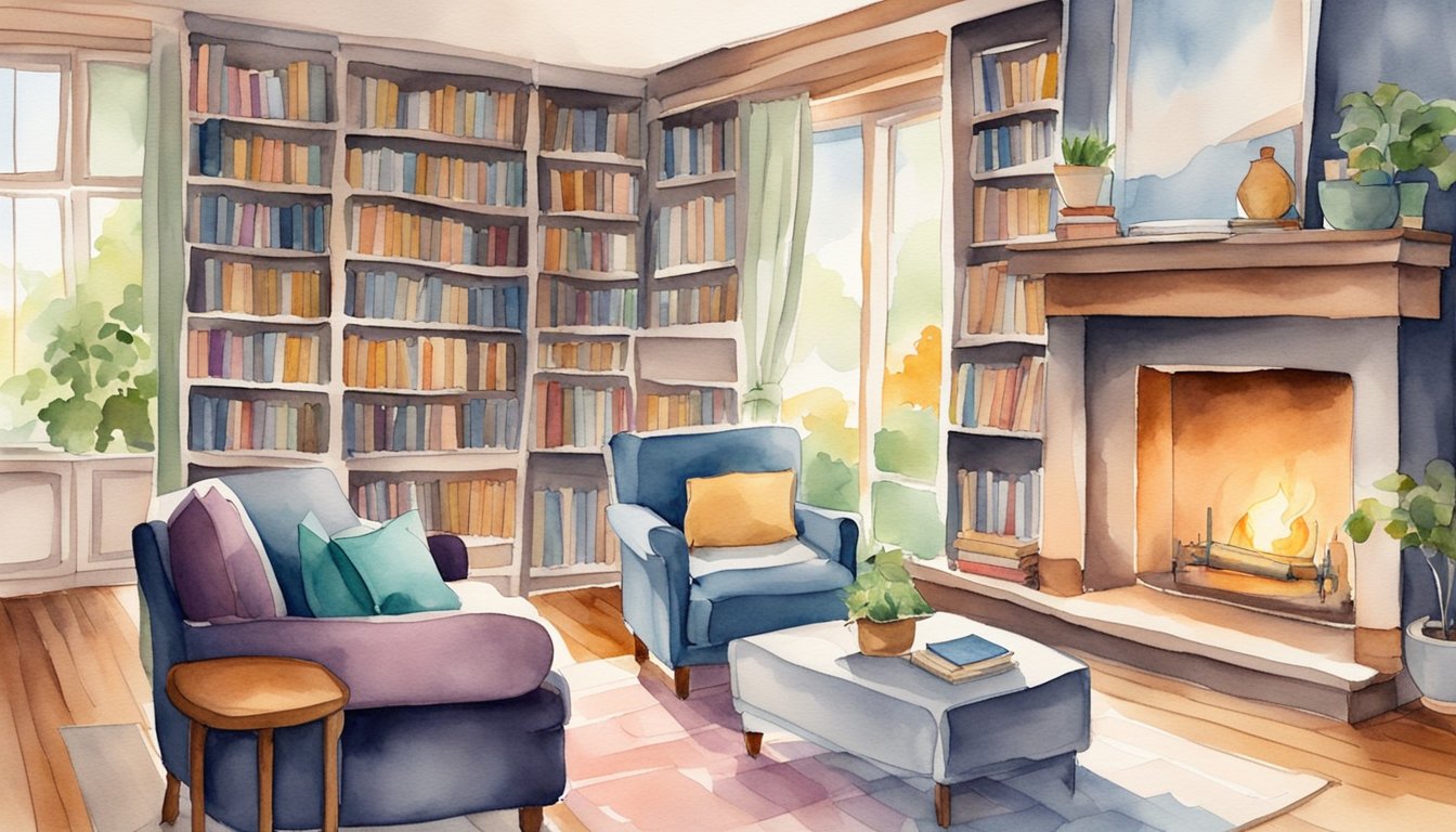 A cozy living room with a bookshelf filled with colorful books, a comfortable armchair, and a warm fireplace, creating a relaxing and inviting atmosphere for reading and entertainment shows why books are important.