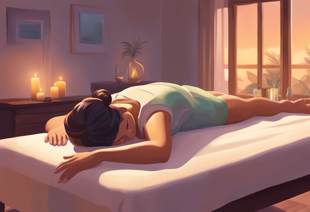 A woman lays on a massage table, surrounded by soft lighting and calming music. A masseuse's hands apply gentle pressure, moving in long, fluid strokes from head to toe