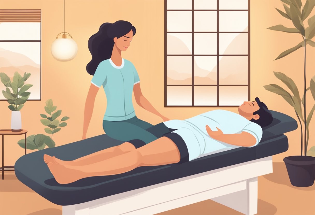 A person lies on a massage table. A therapist performs deep tissue massage using hands, elbows, and feet. Soft music plays in the background