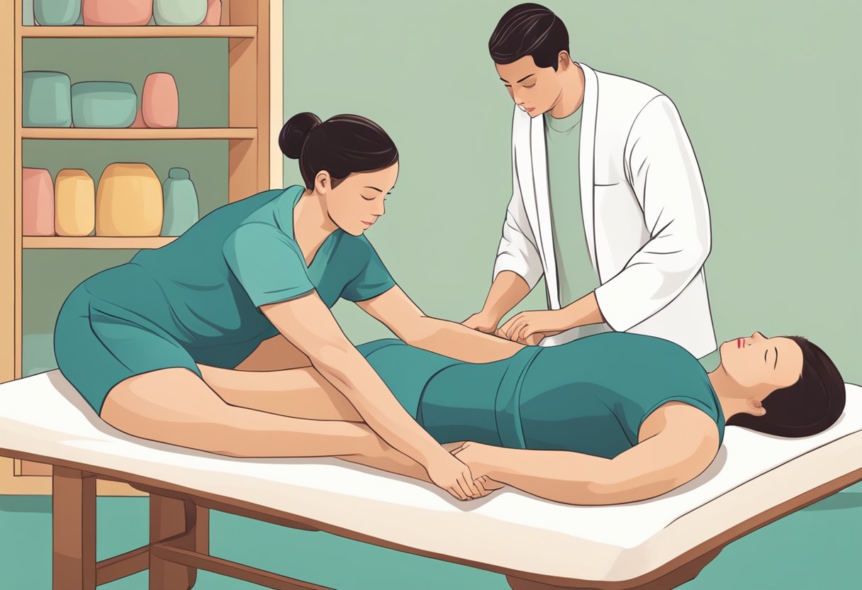 A person lying on a massage table, with a masseuse's hands applying pressure to their back and legs