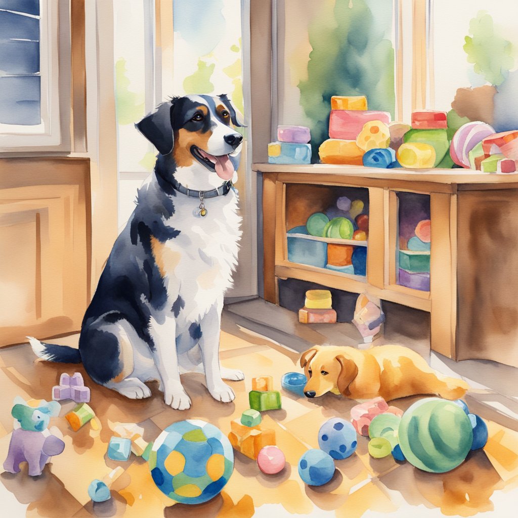 A happy dog wagging its tail, surrounded by toys and treats. A foster parent smiles while playing with the dog. Sunshine streams through the window, creating a warm and inviting atmosphere