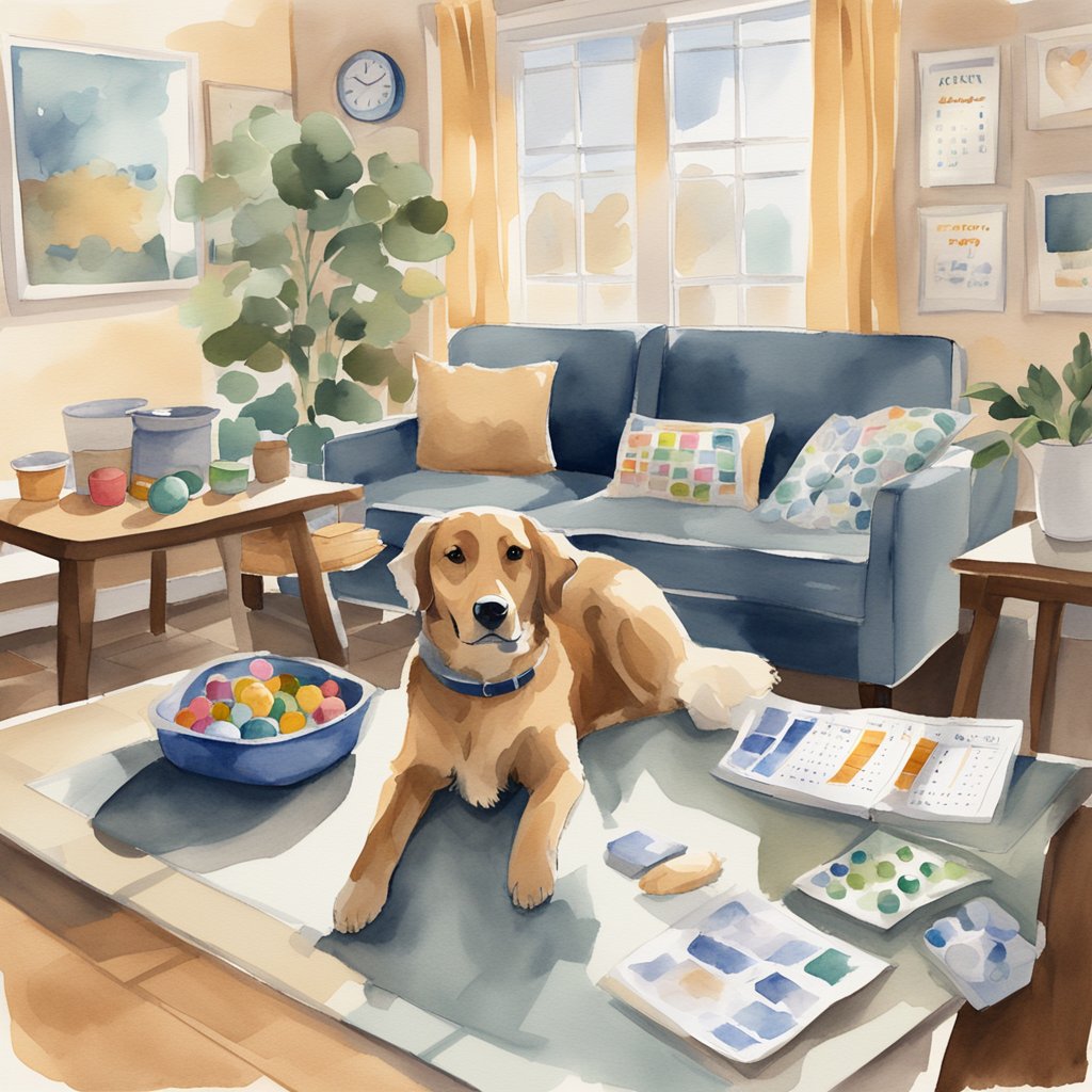 A cozy living room with a dog bed, toys, and food bowls. A calendar on the wall shows upcoming vet appointments and training sessions. A volunteer brochure sits on the coffee table